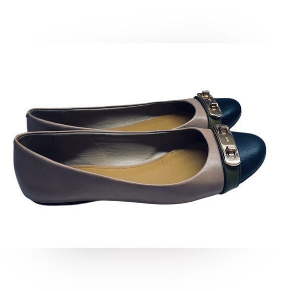 Coach Shoes - Coach Two-Tone Leather Cap Toe Ballet Flat - Taupe & Black Gold Hardware Size 6